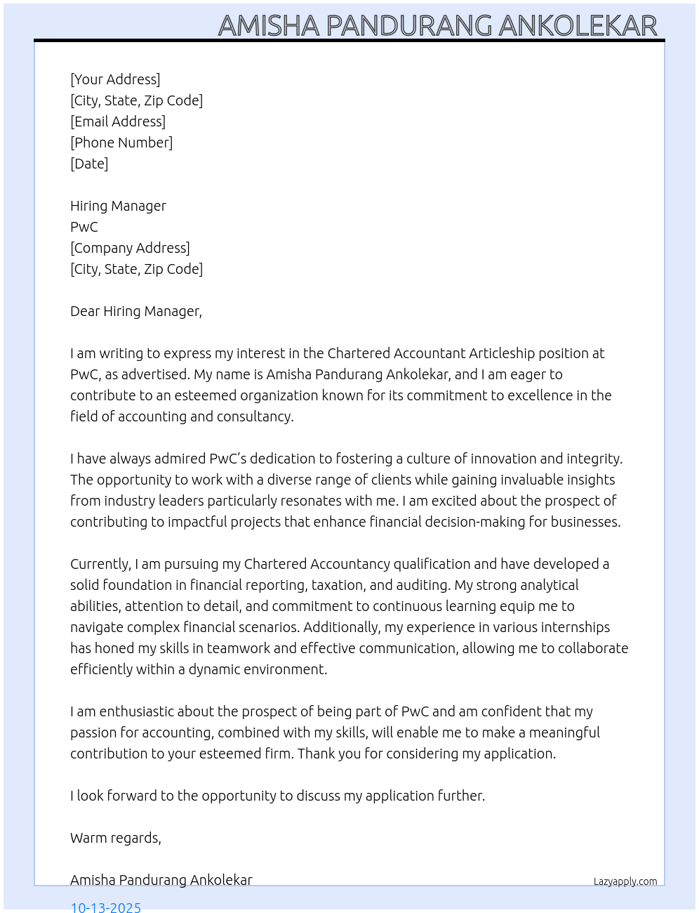 Chartered accountant articleship  At PwC Cover Letter