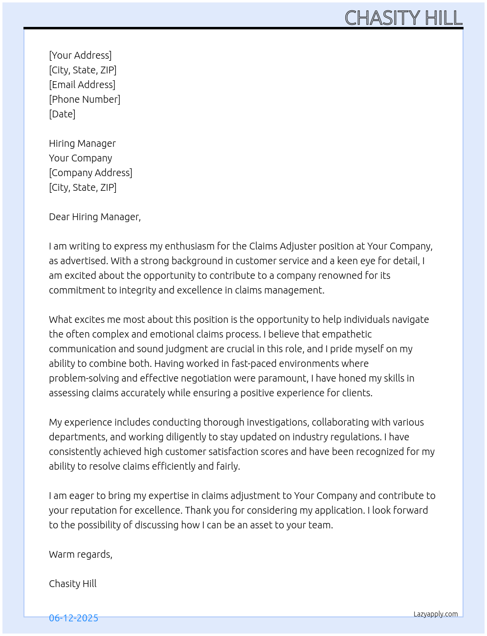 Claims Adjuster At Your Company Cover Letter