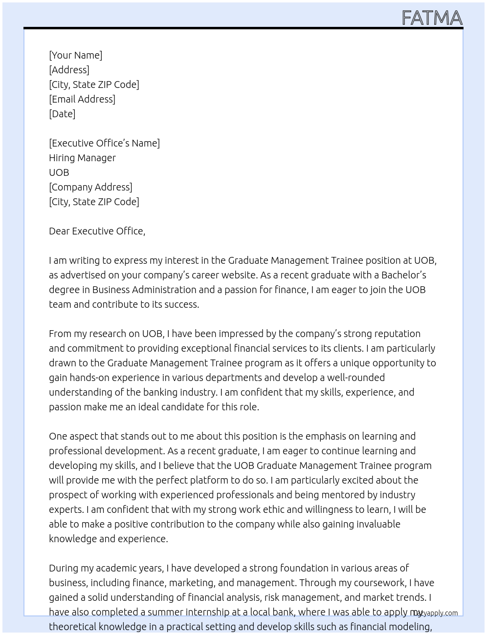 Graduate Management Trainee At UOB Cover Letter