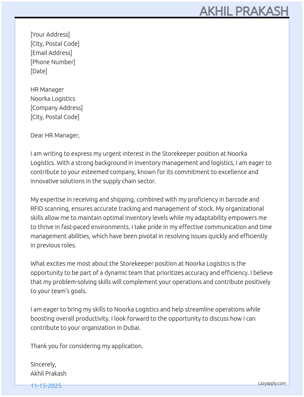 Storekeeper At Noorka Logistics Cover Letter