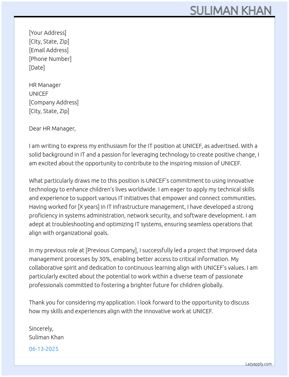 IT At UNICEF Cover Letter