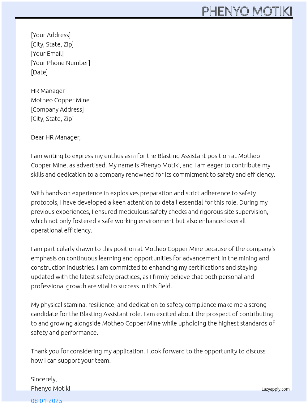 Blasting Assistant At Motheo Copper Mine Cover Letter