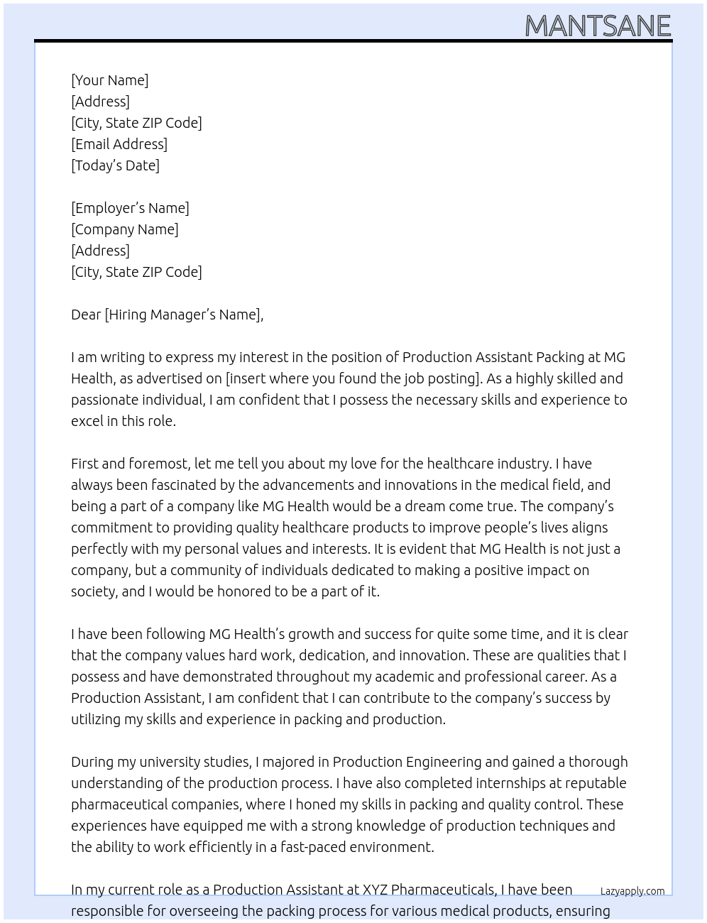 Cover letter for production assistant packing - LazyApply