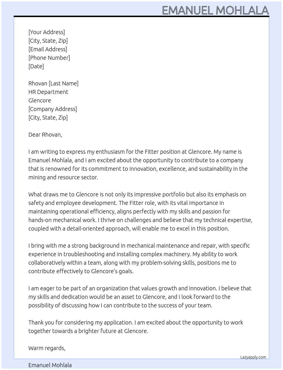 Fitter At Glencore Cover Letter