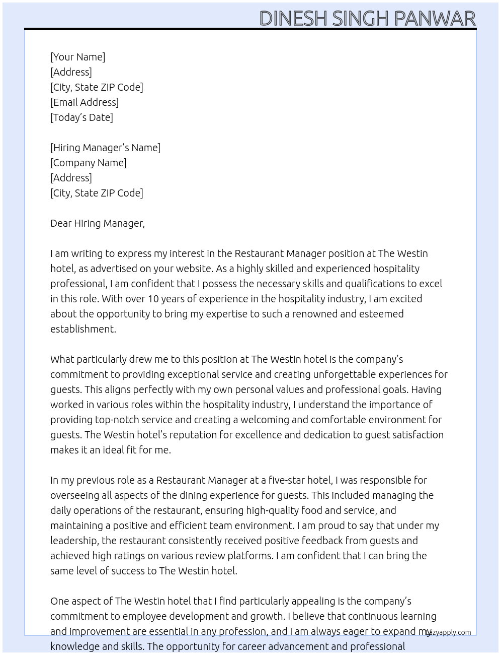 Restaurant Manager At The Westin hotel Cover Letter