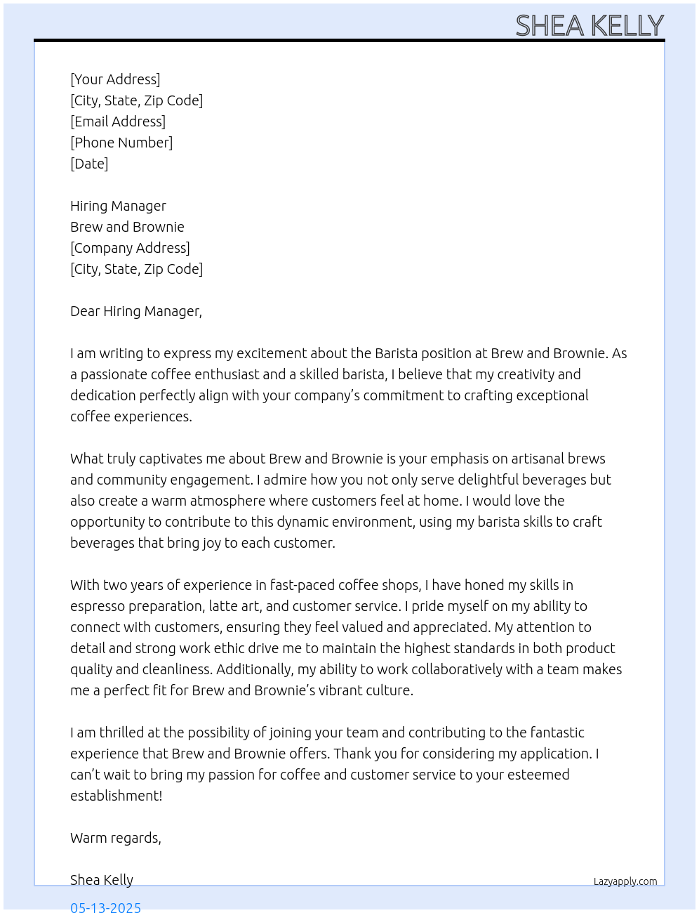 Barista At Brew and Brownie Cover Letter