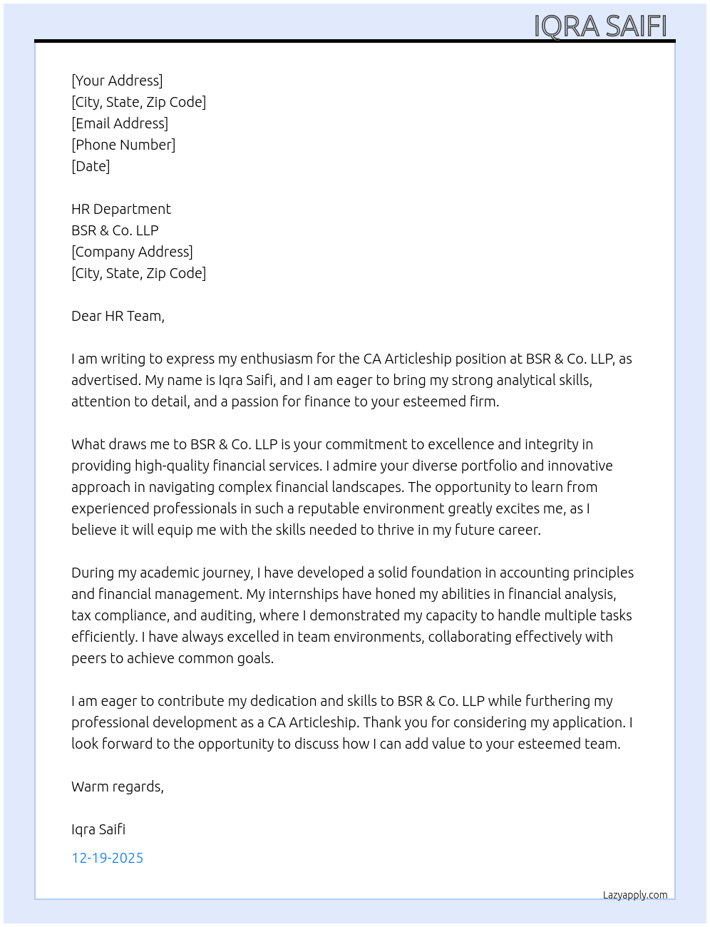 Cover letter for ca articleship - LazyApply