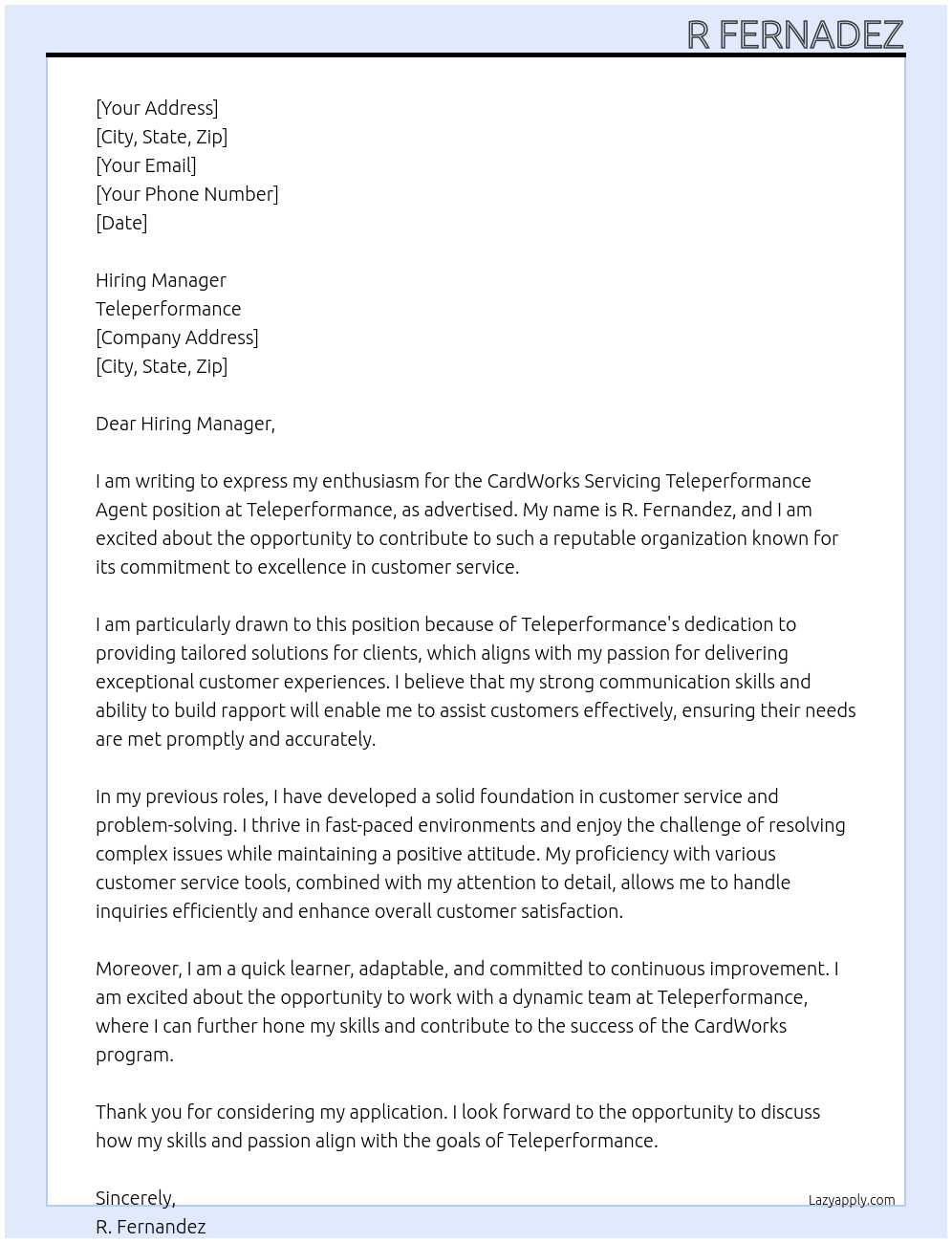 CardWorks Servicing Teleperformannce Agent At Teleperformance Cover Letter