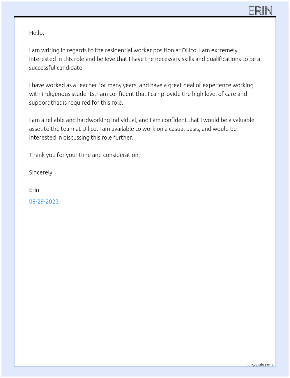 Residential worker  At Dilico Cover Letter