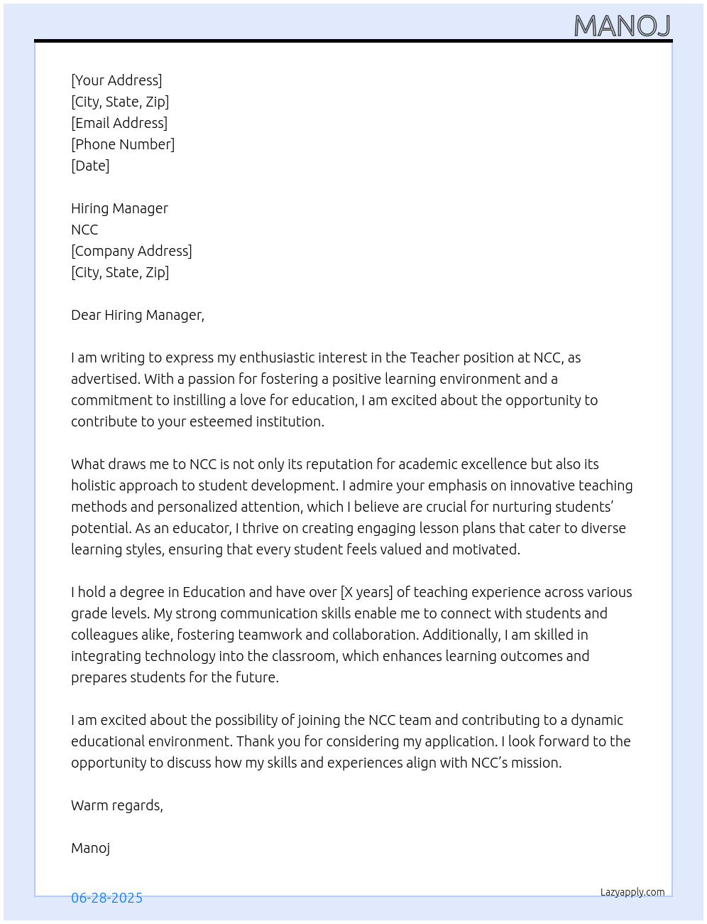 Teacher At NCC Cover Letter