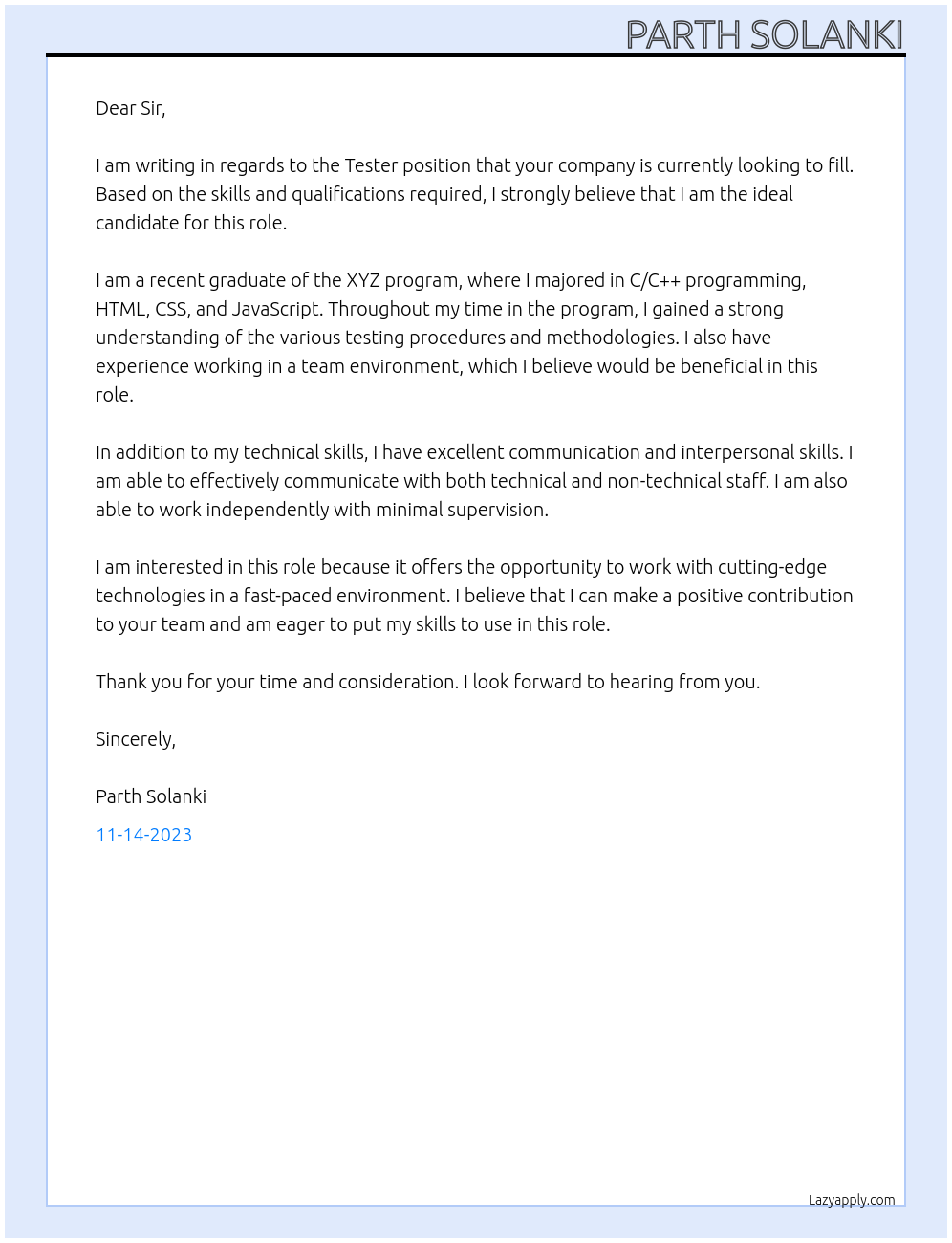 Tester  At Channai , tamilnadu , india  Cover Letter