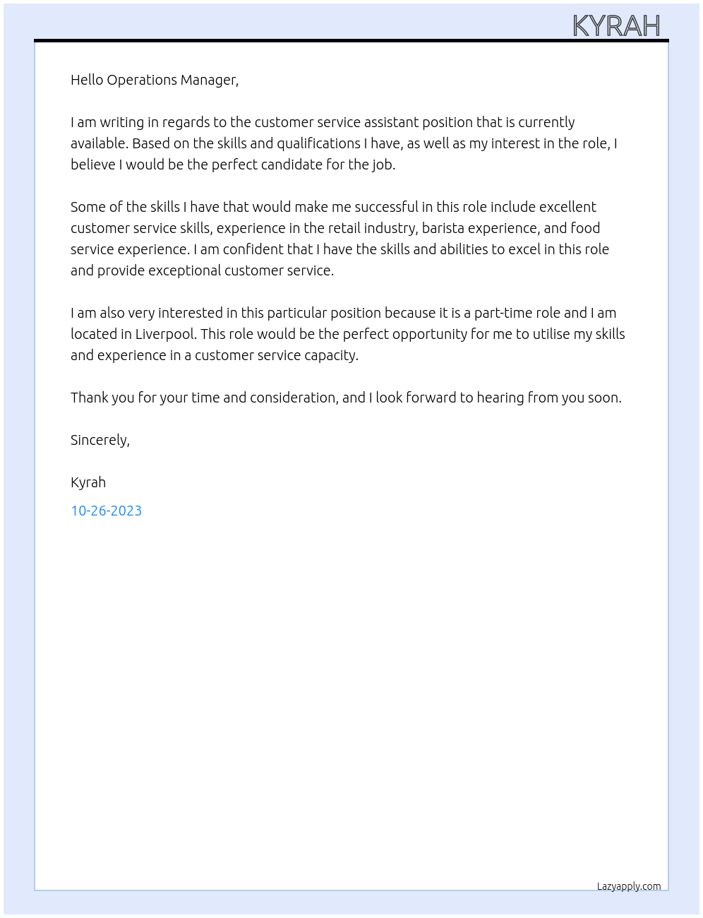 customer service assistant At operations Cover Letter