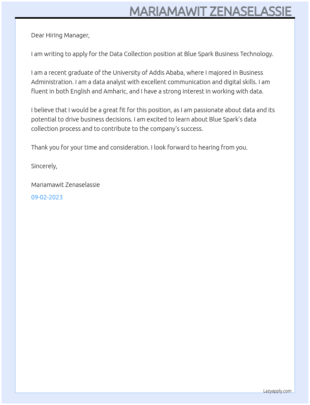 Data collection At Blue Spark Business Technology Cover Letter
