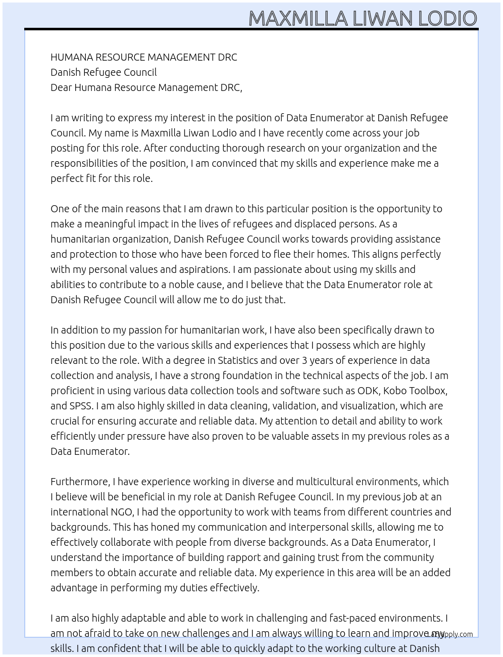 DATA ENUMERATOR At DANISH REFUGEE COUNCIL Cover Letter