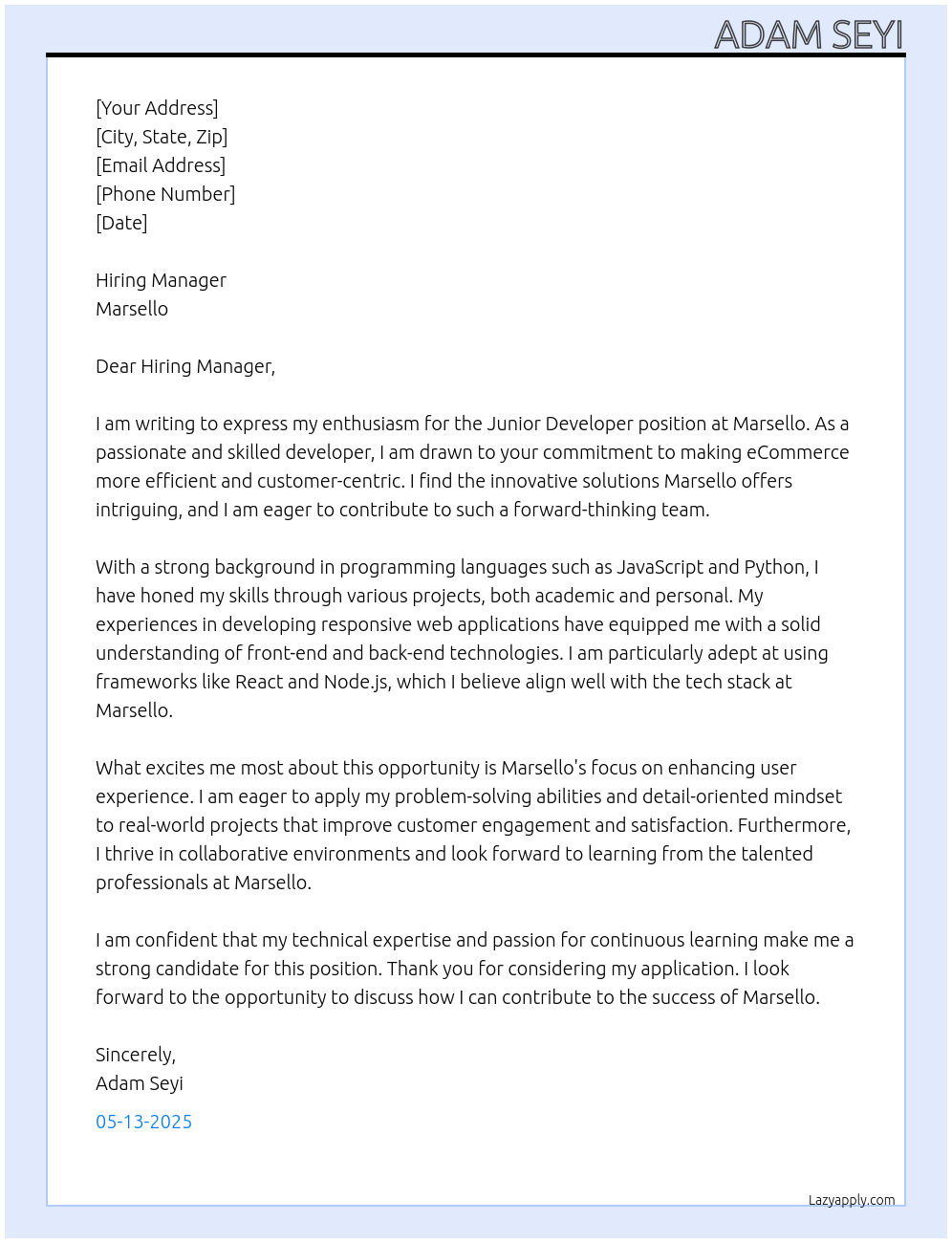 Cover letter for junior developer - LazyApply