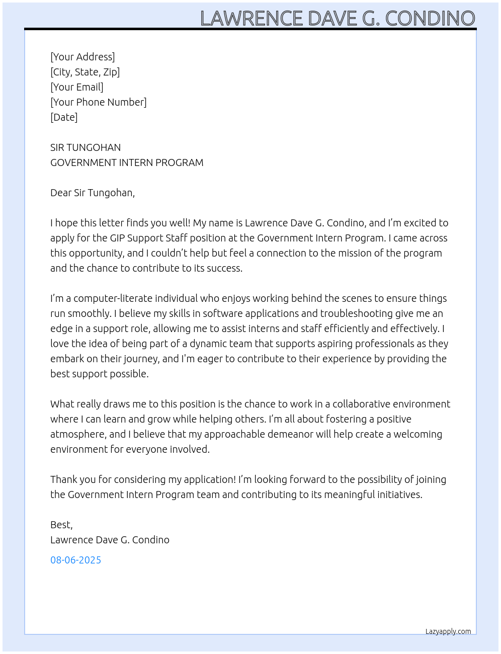 GIP SUPPORT STAFF At GOVERNMENT INTERN PROGRAM Cover Letter