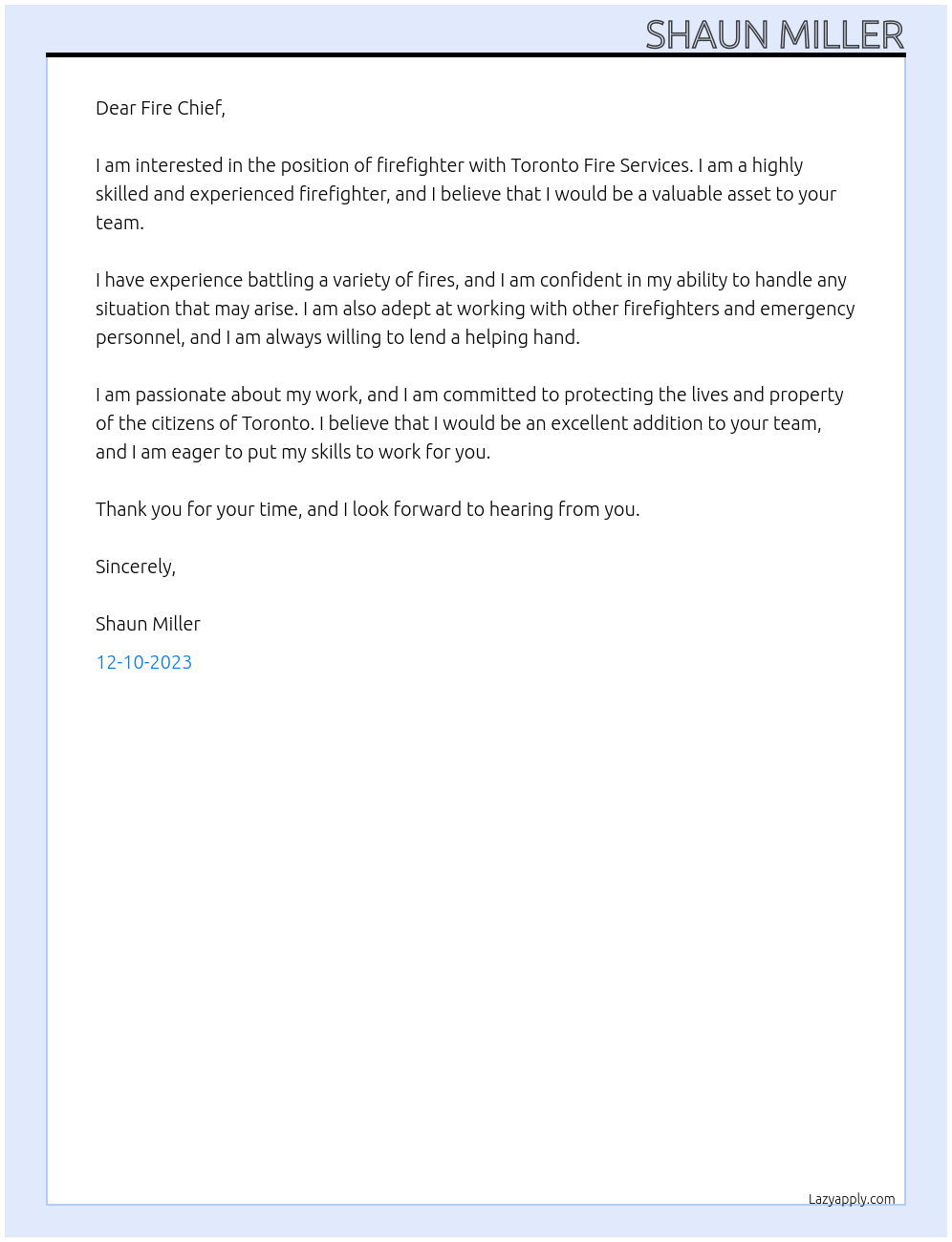 Firefighter At Toronto Fire Services Cover Letter