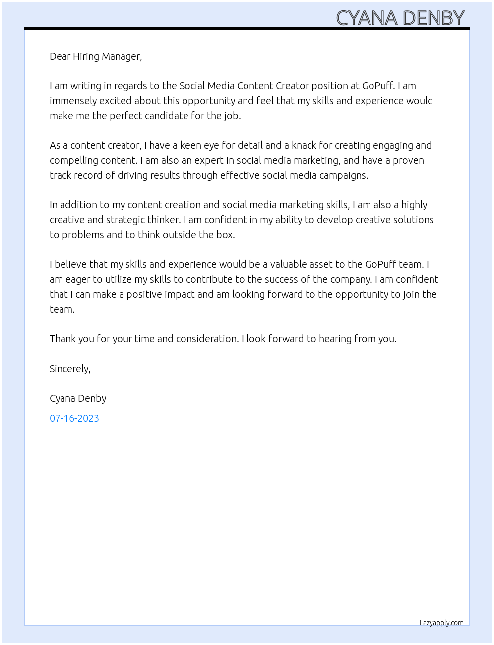 Social media content creator At GoPuff Cover Letter