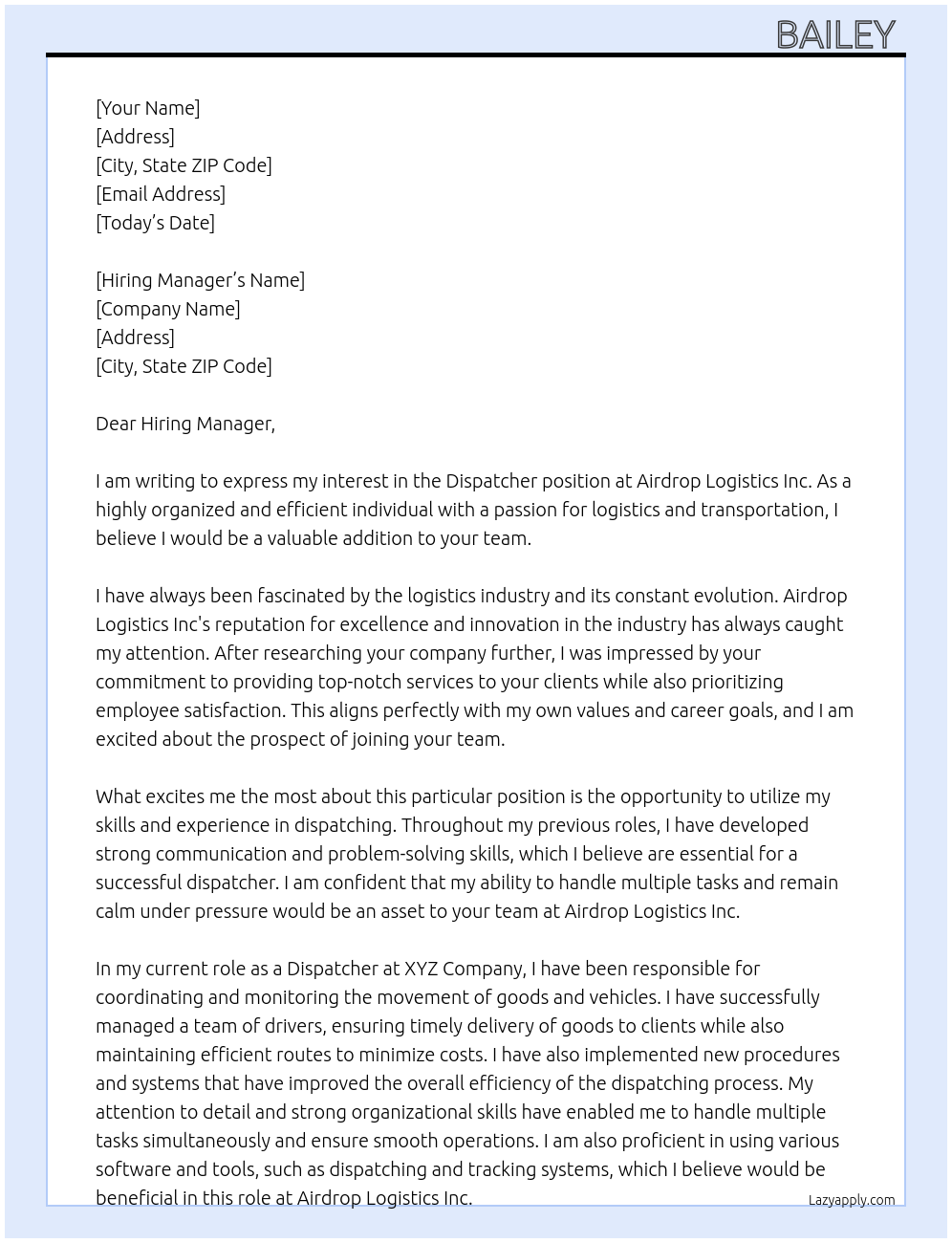 Dispatcher At Airdrop Logistics Inc Cover Letter