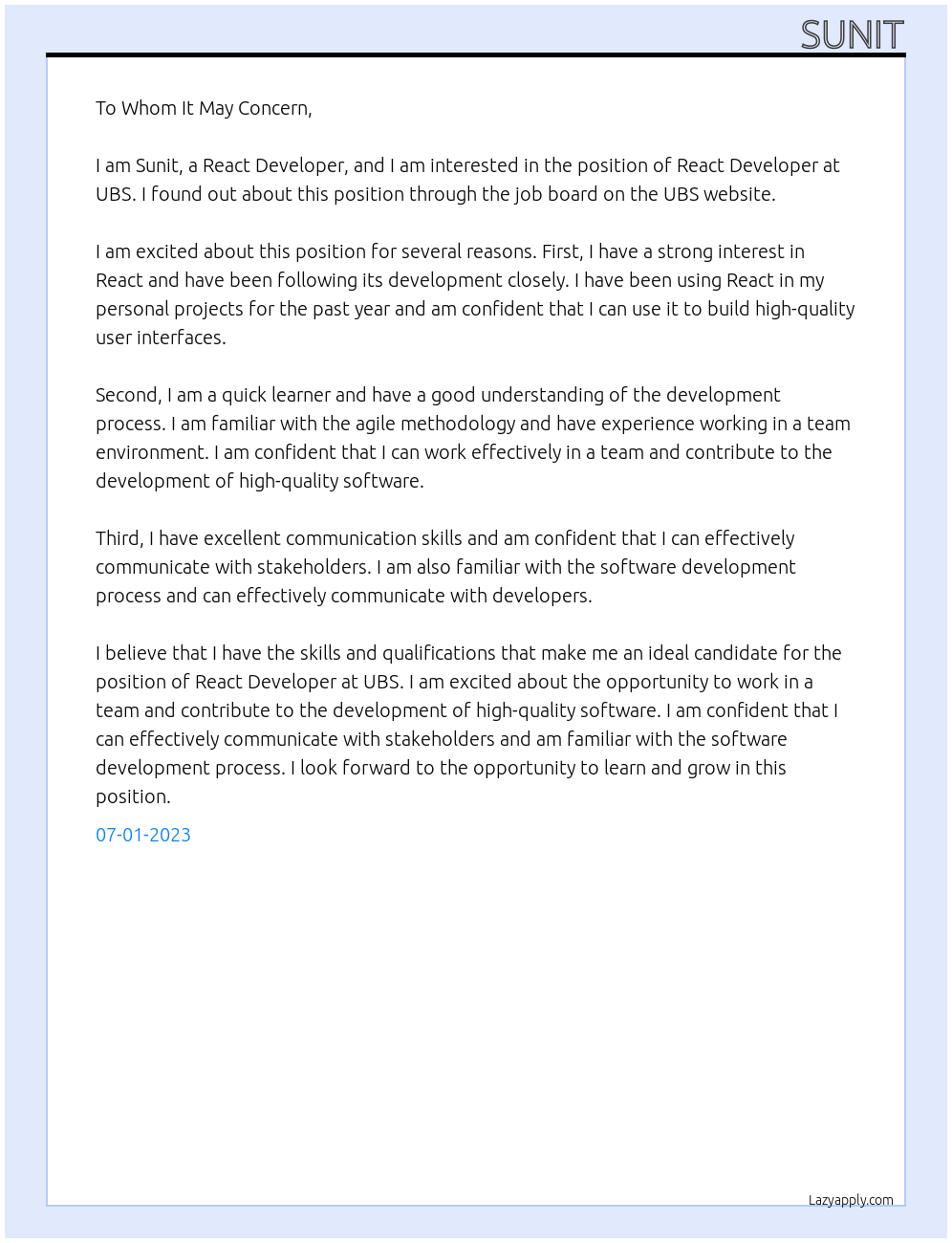 React Developer At UBS Cover Letter