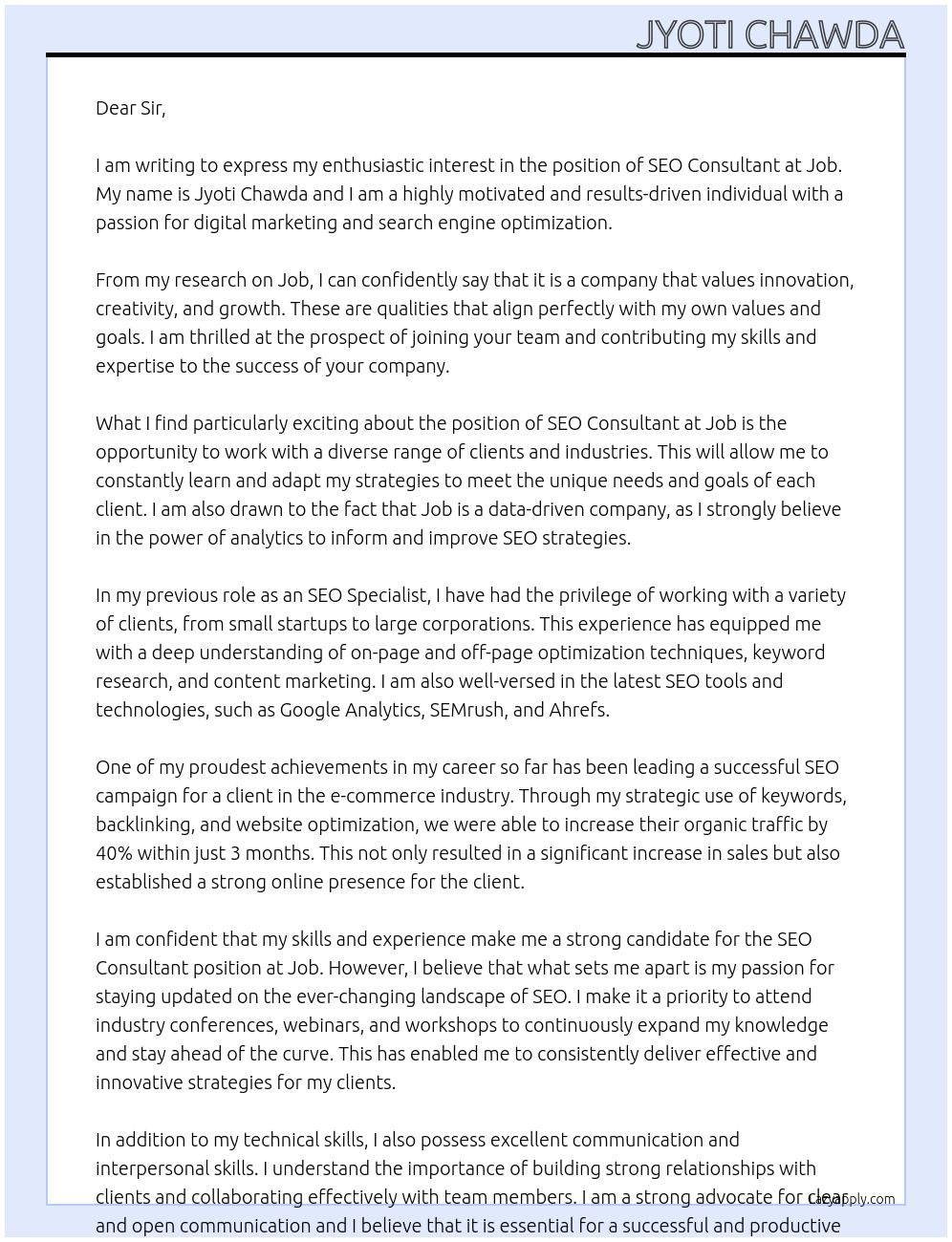 Cover letter for seo consultant - LazyApply