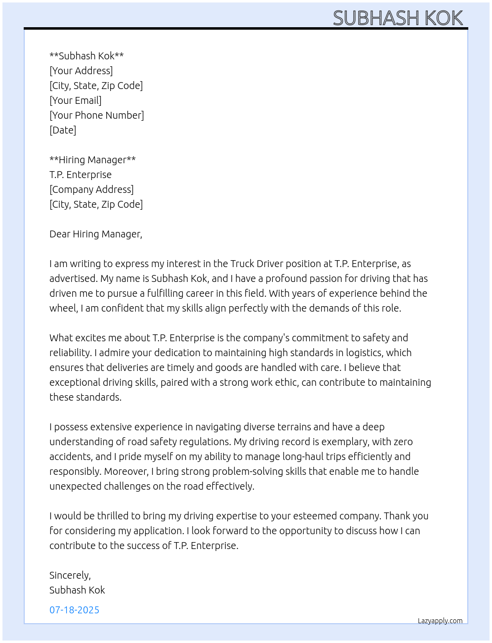 Truck driver At T.p renterprise Cover Letter