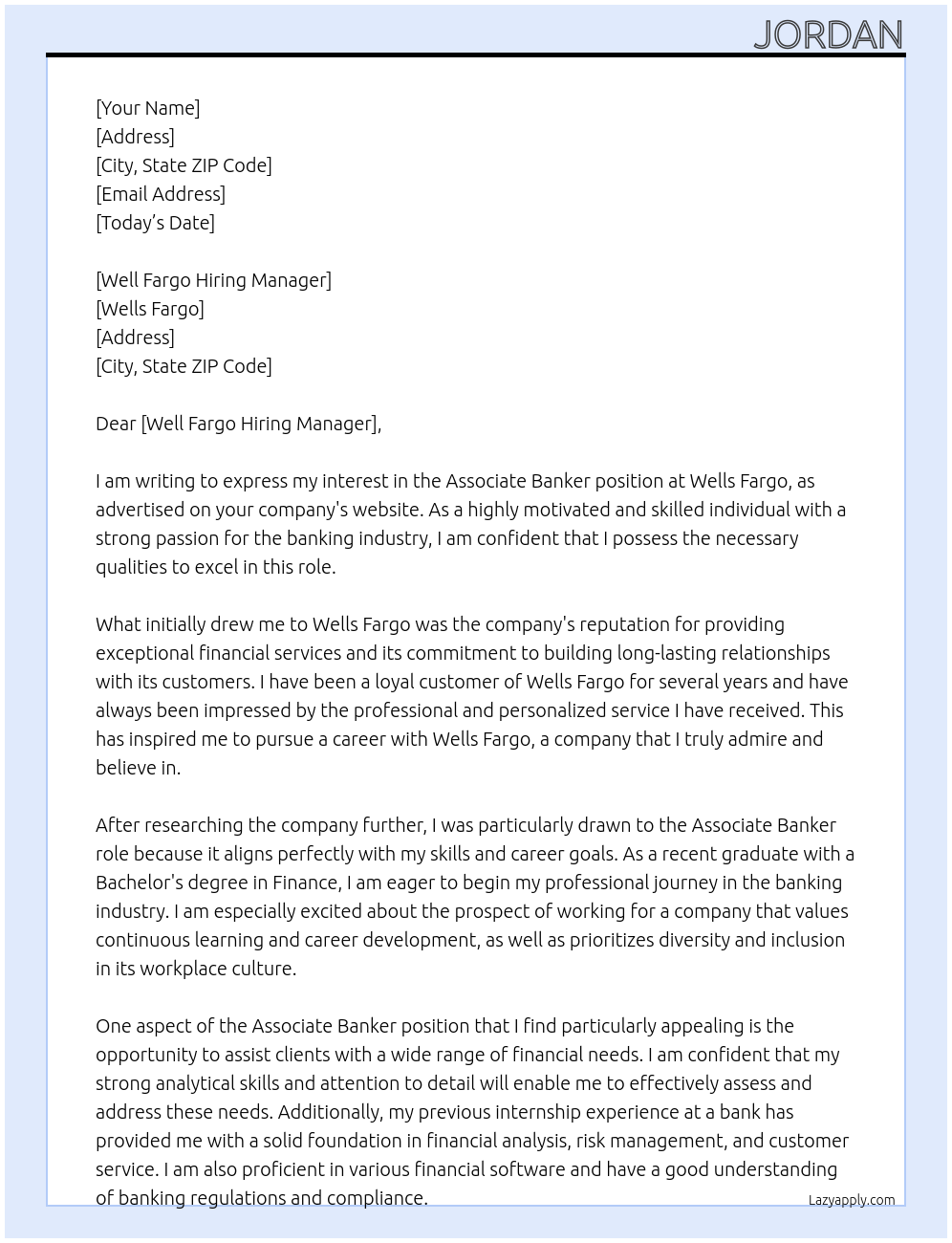 Associate Banker At Wells Fargo Cover Letter