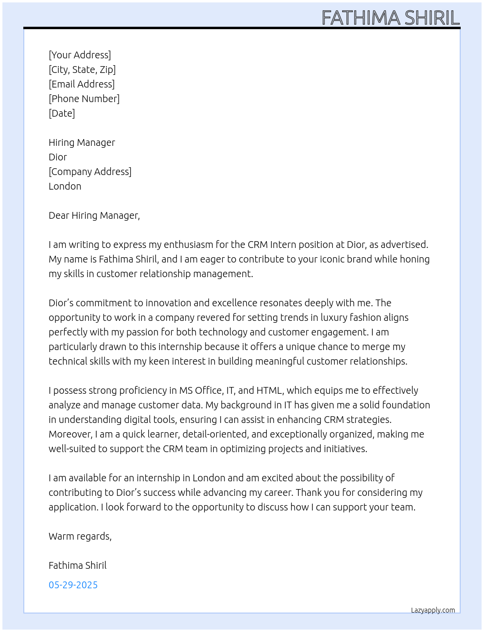 CRM intern at Dior At Dior Cover Letter