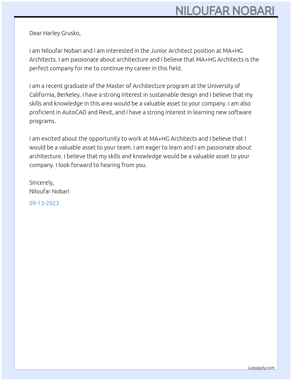 Junior Architect At MA+HG Architects Cover Letter