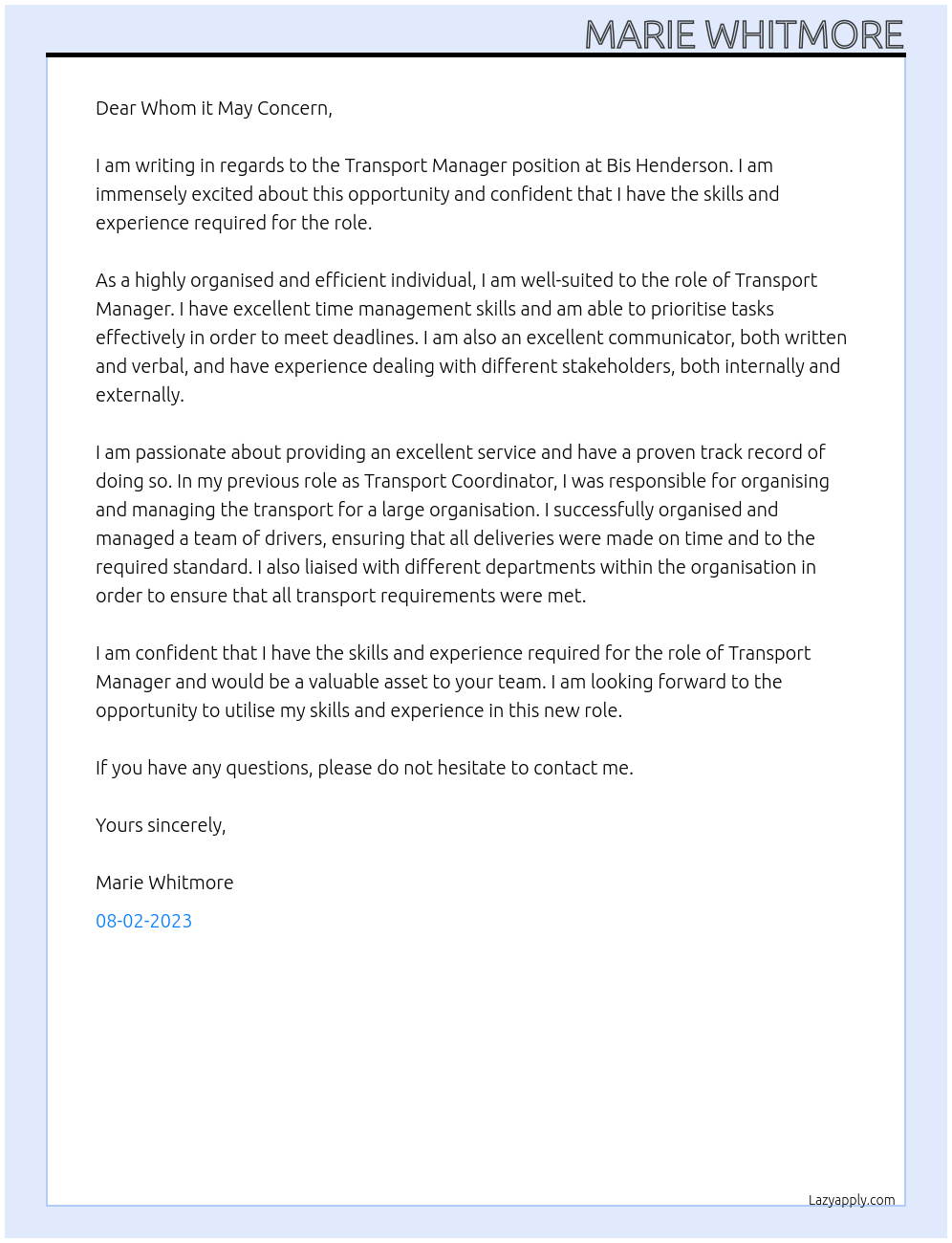 Transport Manager At Bis Henderson Cover Letter