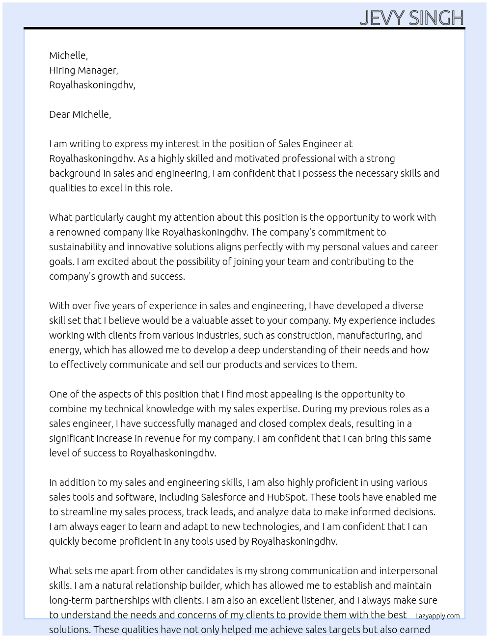 Sales engineer At Royalhaskoningdhv Cover Letter