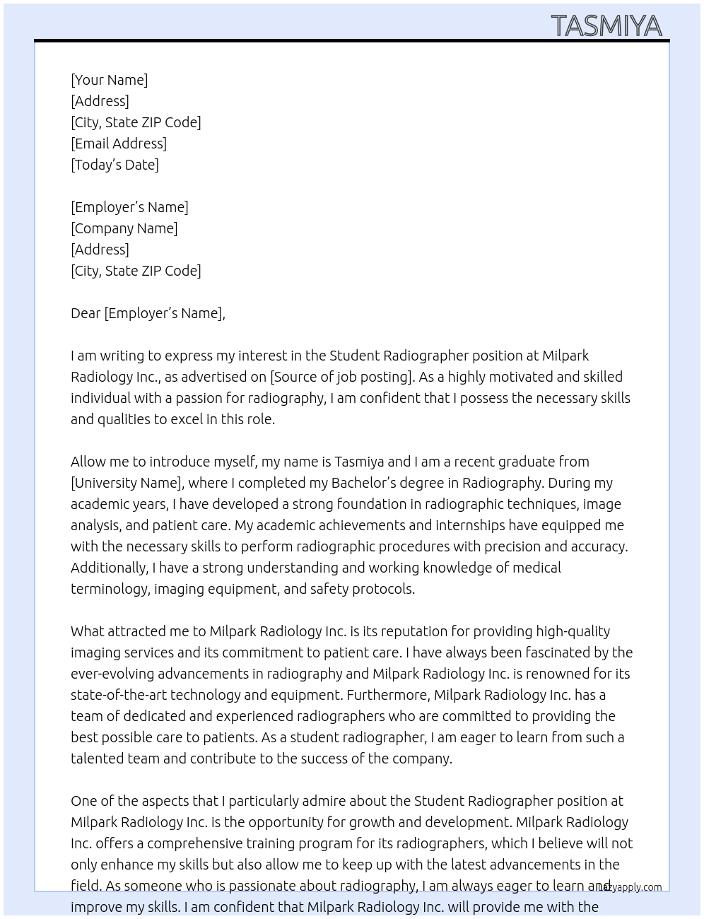 Student Radiographer  At Milpark Radiology Inc. Cover Letter