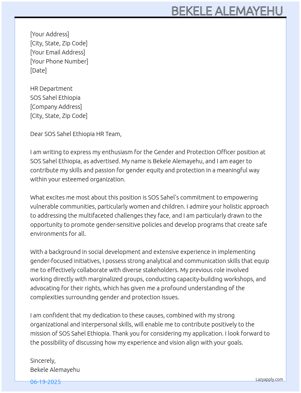 Cover letter for gender and protection officer - LazyApply