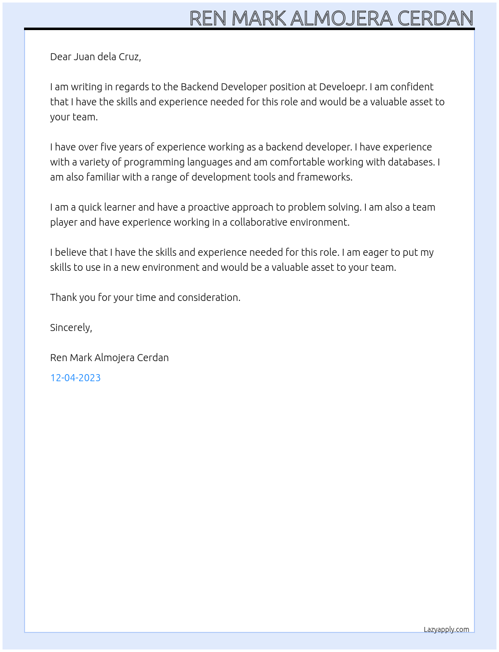 Backend Developer At Develoepr Cover Letter