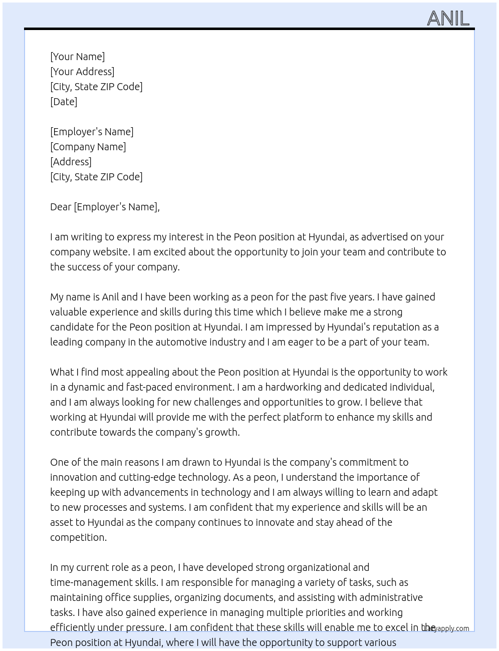 Peon  At Hyundai  Cover Letter