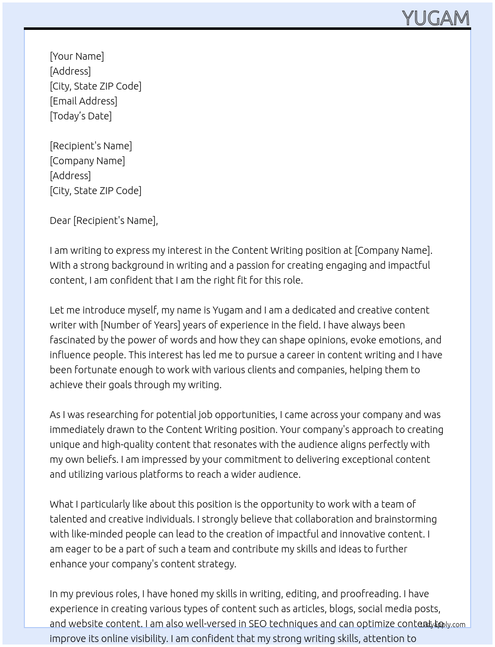 content writing At content writing Cover Letter