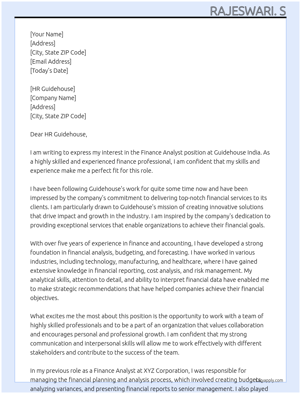 Finance analyst At Guidehouse India Cover Letter