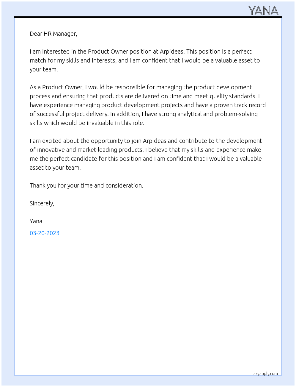 Product Owner At Arpideas Cover Letter