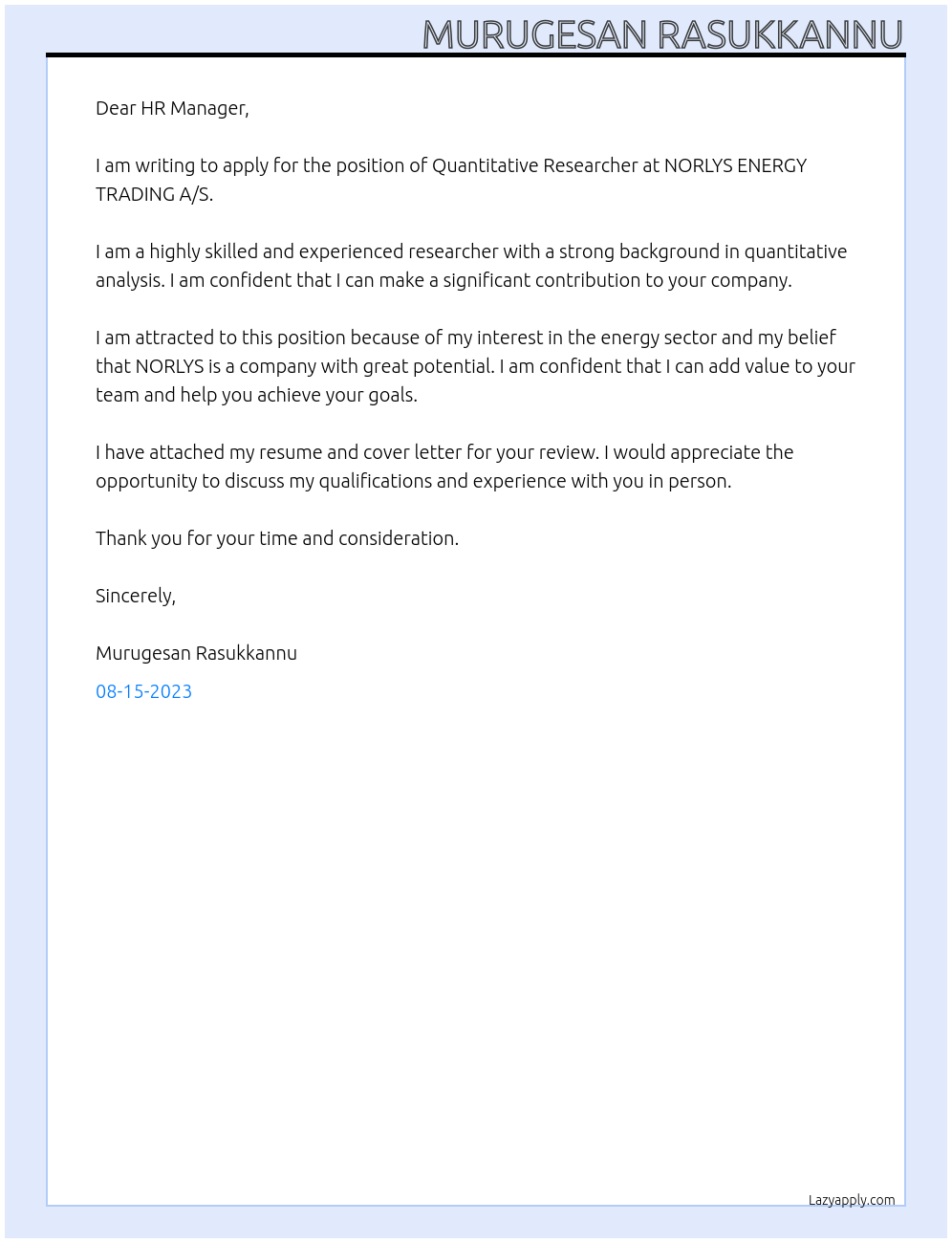 Quantitative Researcher At NORLYS ENERGY TRADING A/S Cover Letter