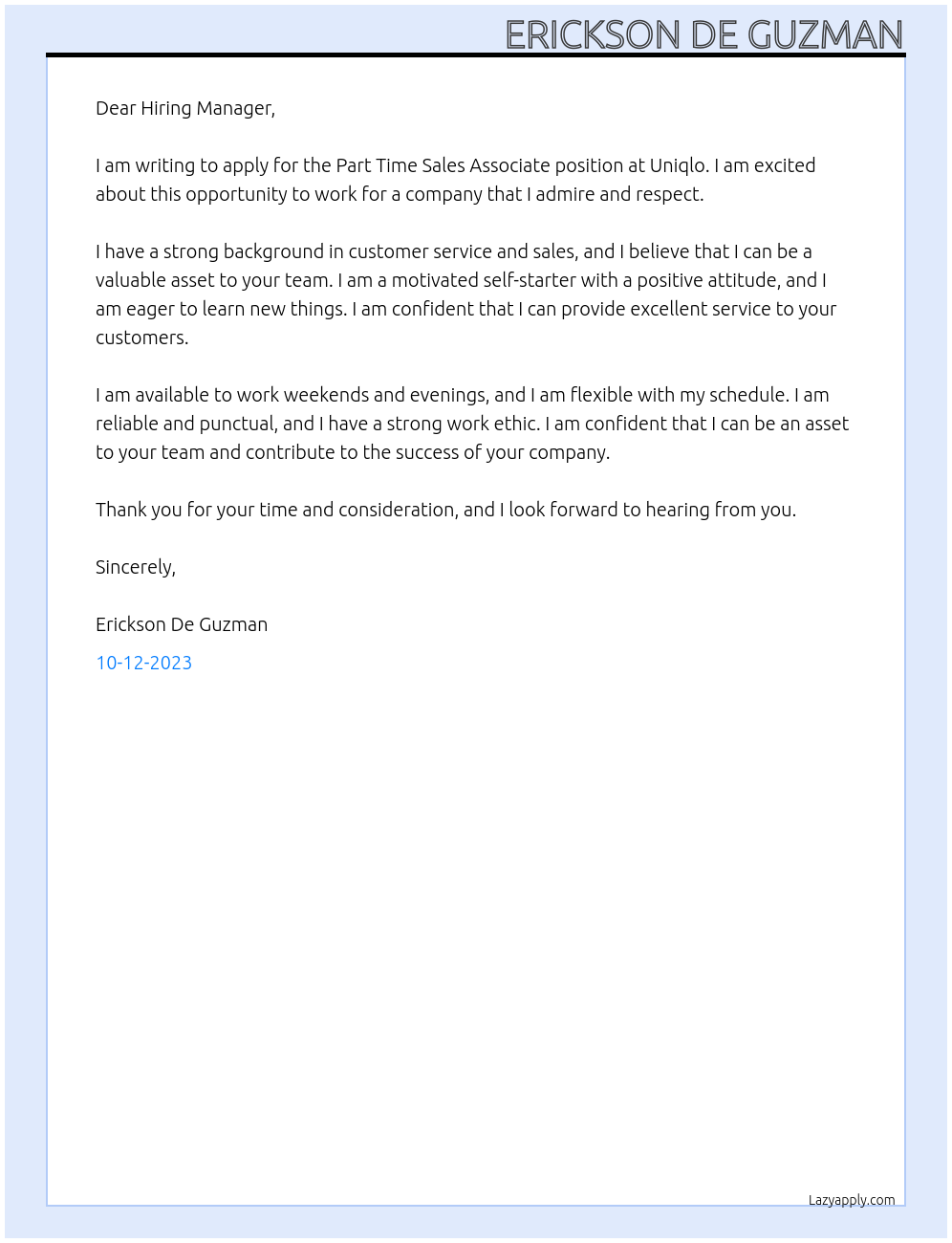 Part Time Sales Associate At Uniqlo Cover Letter