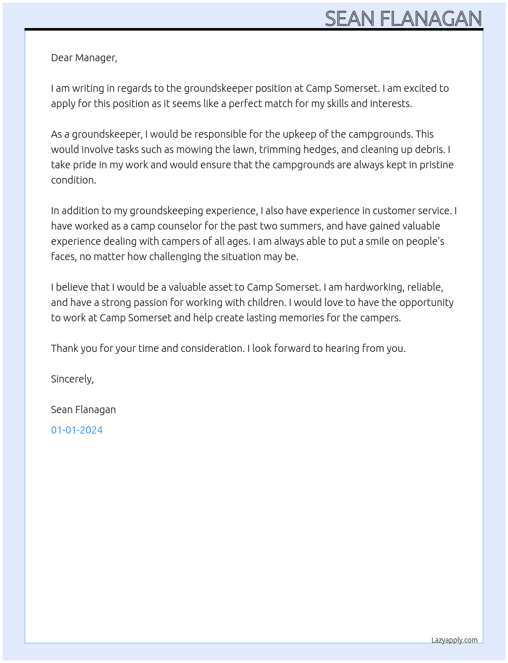 groundskeeper  At Camp Somerset Cover Letter