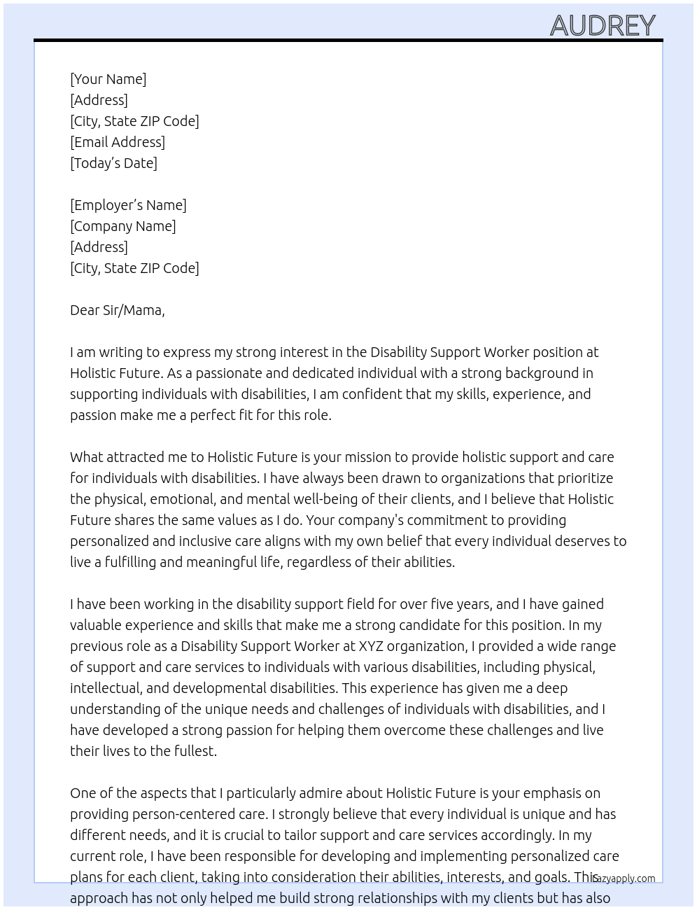 Disability support worker At holistic future Cover Letter