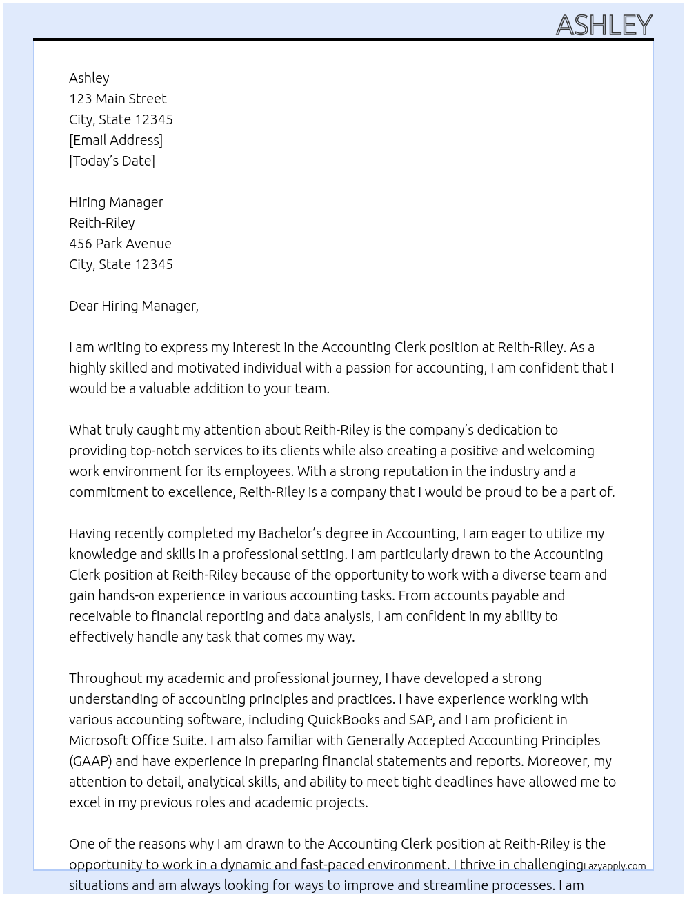 accounting clerk At Reith-Riley Cover Letter