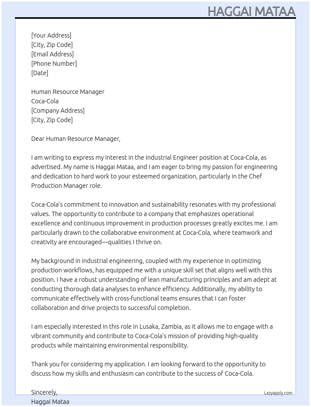 Industrial Engineer At Coca cola Cover Letter