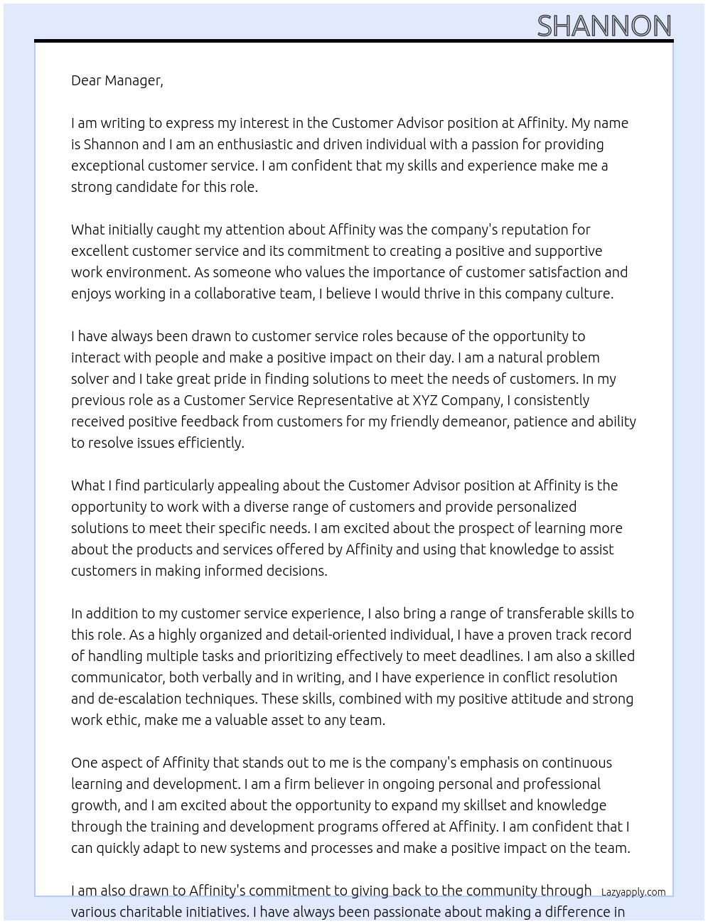 Customer advisor At Affinity Cover Letter