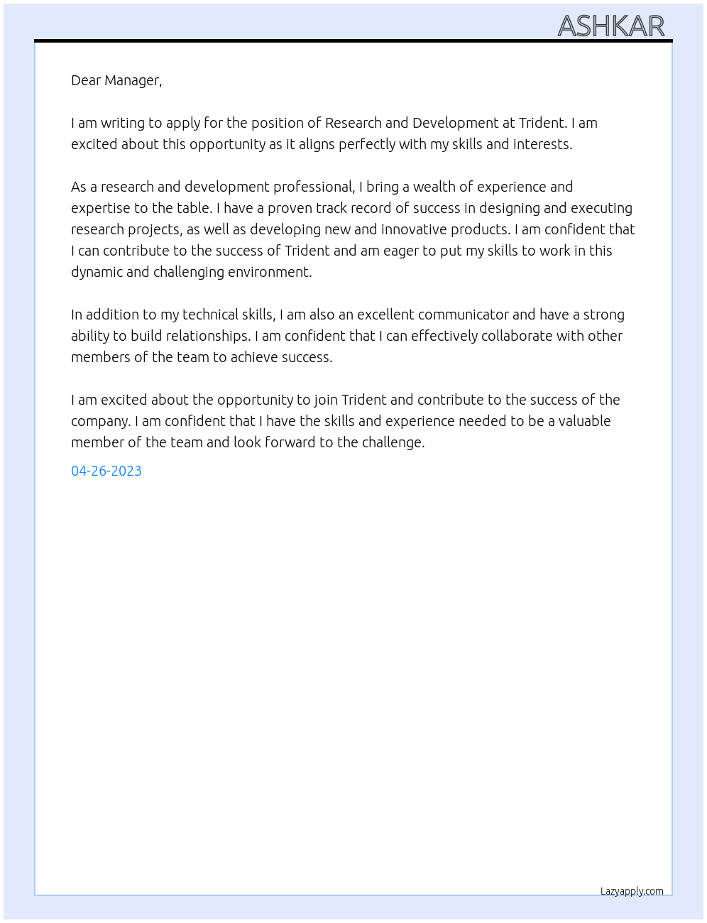 Research and development At Trident Cover Letter