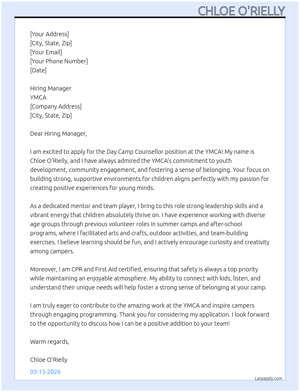 Day Camp Counsellor At YMCA Cover Letter