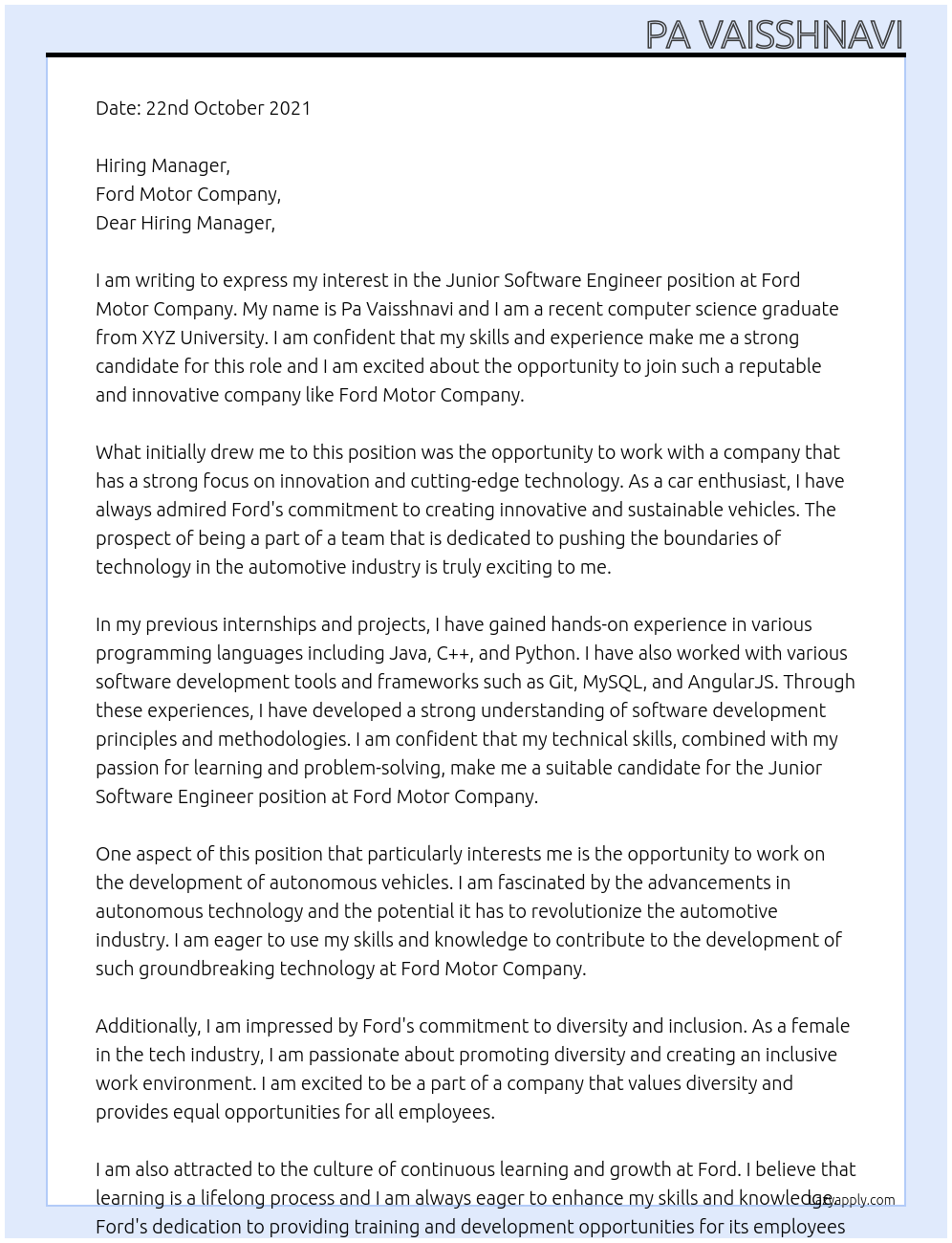 Junior Software Engineer At Ford Motor Company Cover Letter