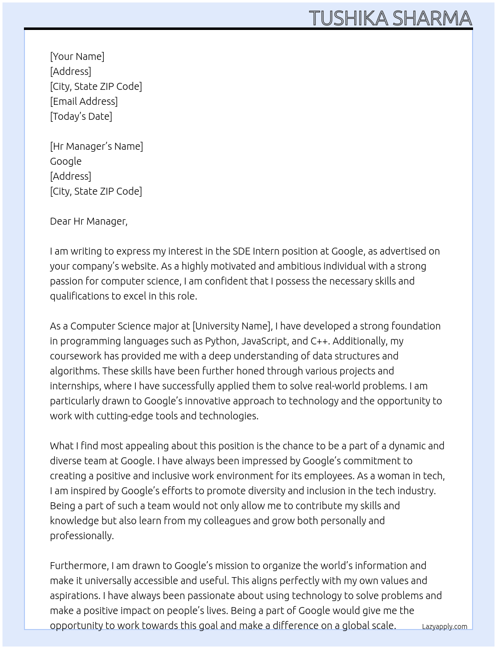 SDE Intern At Google  Cover Letter