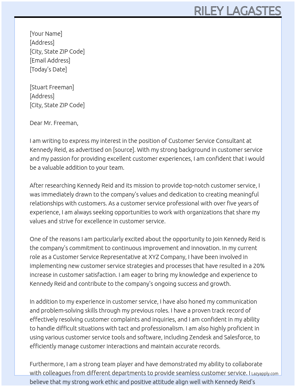 Customer Service Consultant At Kennedy Reid Cover Letter